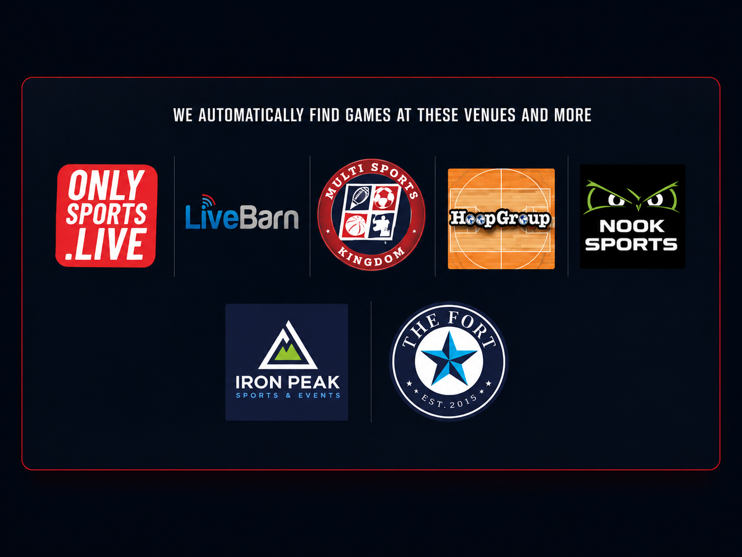OnlySports.Live, LiveBarn, Multi Sports Kingdom, Hoop Group, NOOK Sports, Iron Peak, The Fort